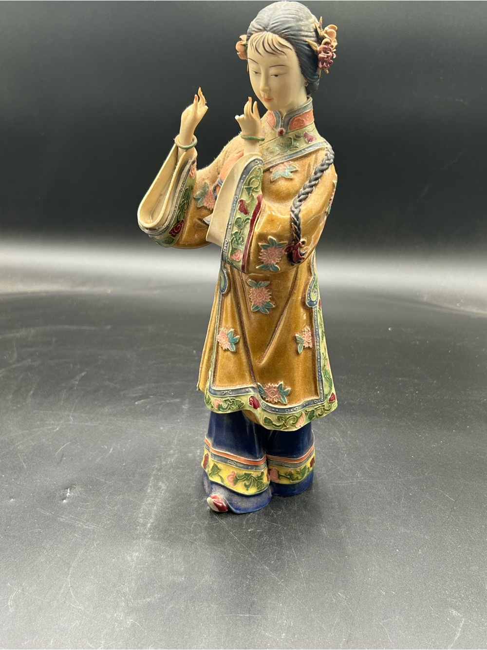 Shiwan Hand-Painted Asian Figurine in Mustard and Navy, chinoiserie, Asian decor